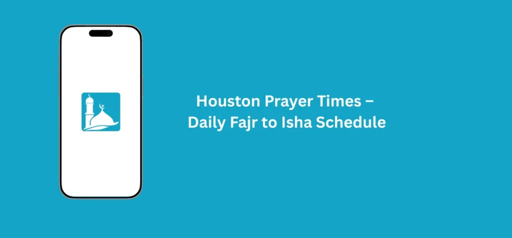 Houston Prayer Times – Daily Fajr to Isha Schedule 1 Houston skyline with mosque in foreground showing accurate Houston Prayer Times